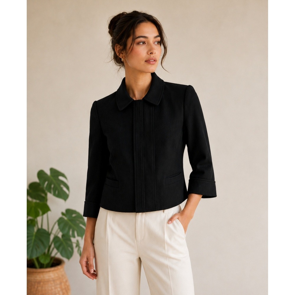 Paule Ka Paris Black Wool Cropped Grosgrain Trim Jacket Made in Poland US 6